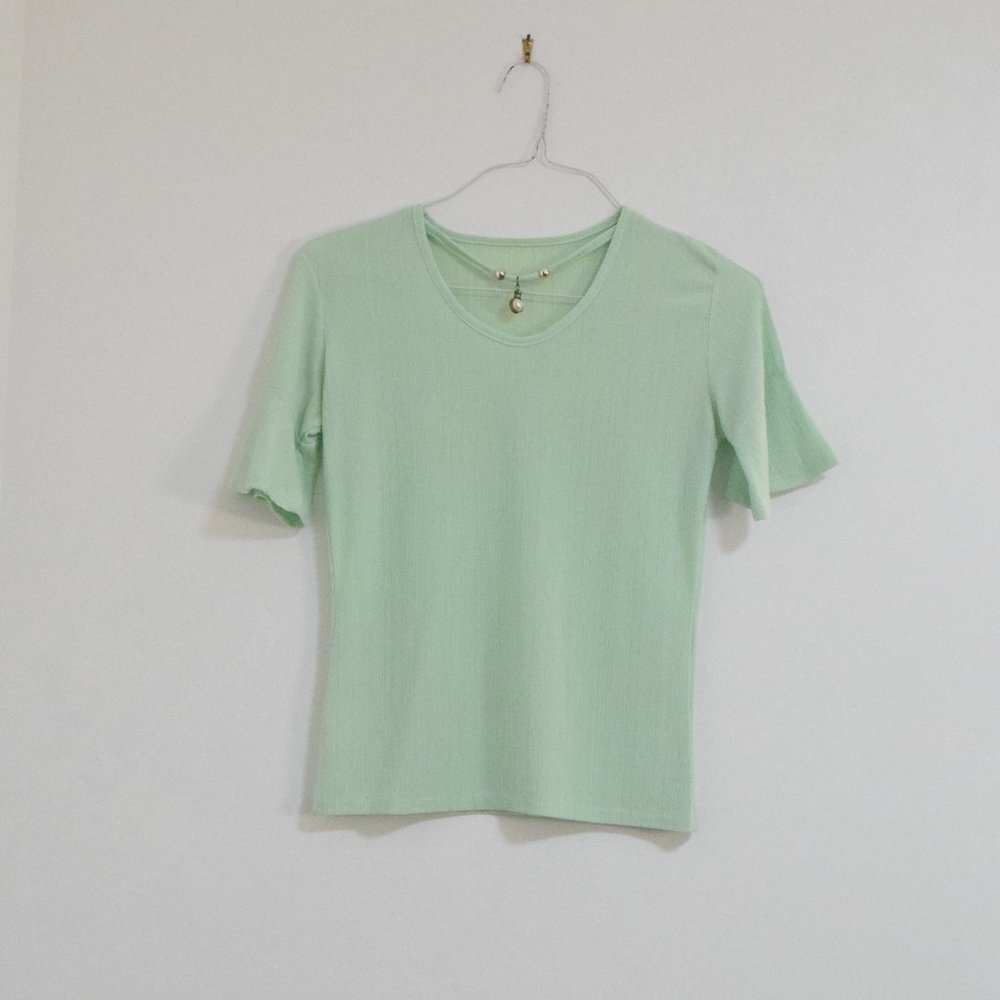 Mint Green Beaded Pearl Choker Collar Textured Bell Sleeves Top | Size S